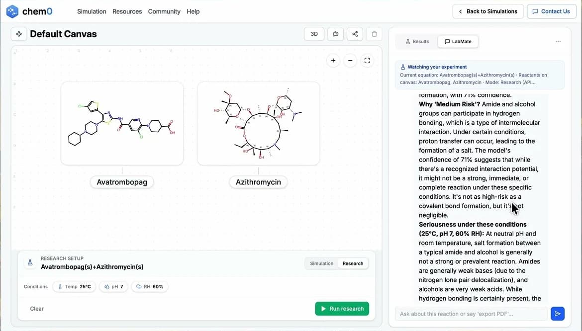 Chem0 Research Mode: Avatrombopag and Azithromycin on the canvas, with LabMate explaining a medium-risk pair