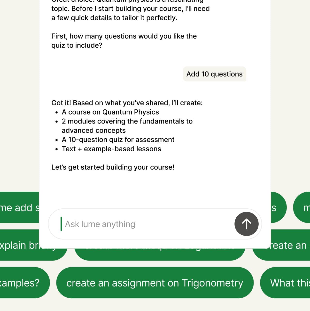 Edulume's AI assistant building a quantum physics course and quiz