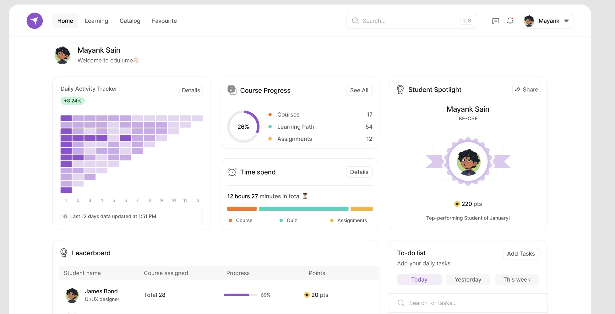 Edulume learner dashboard: activity tracker, course progress, time spent, student spotlight, and leaderboard