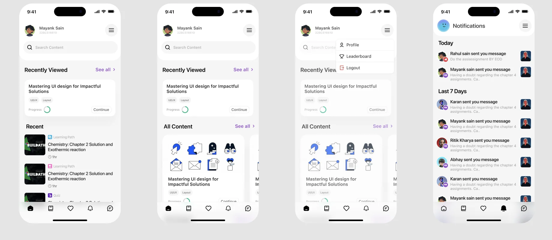 Edulume mobile app: learner home, all content, profile menu, and notifications