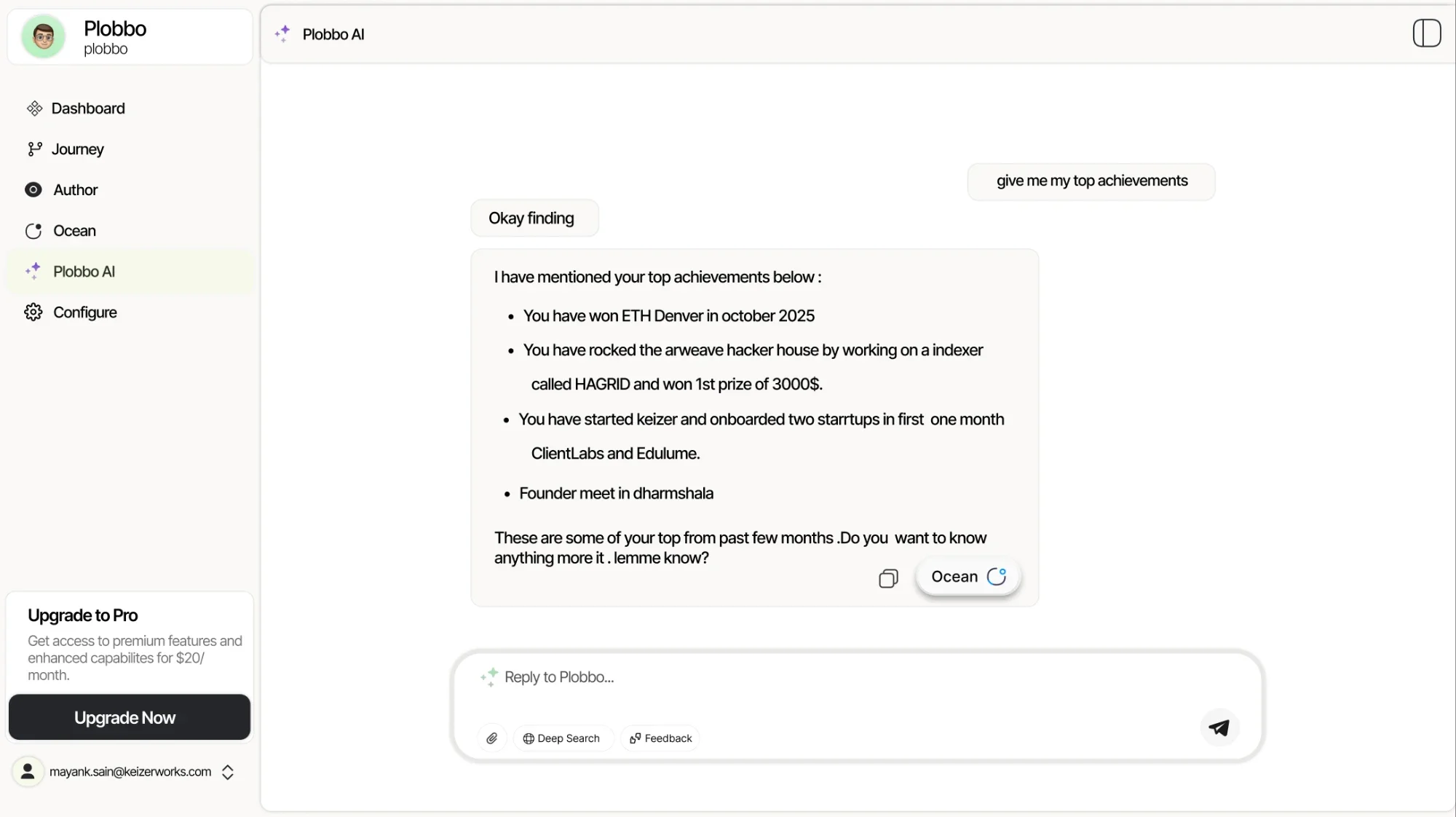 Plobbo AI answering with a list of top achievements and a button to send it to Ocean