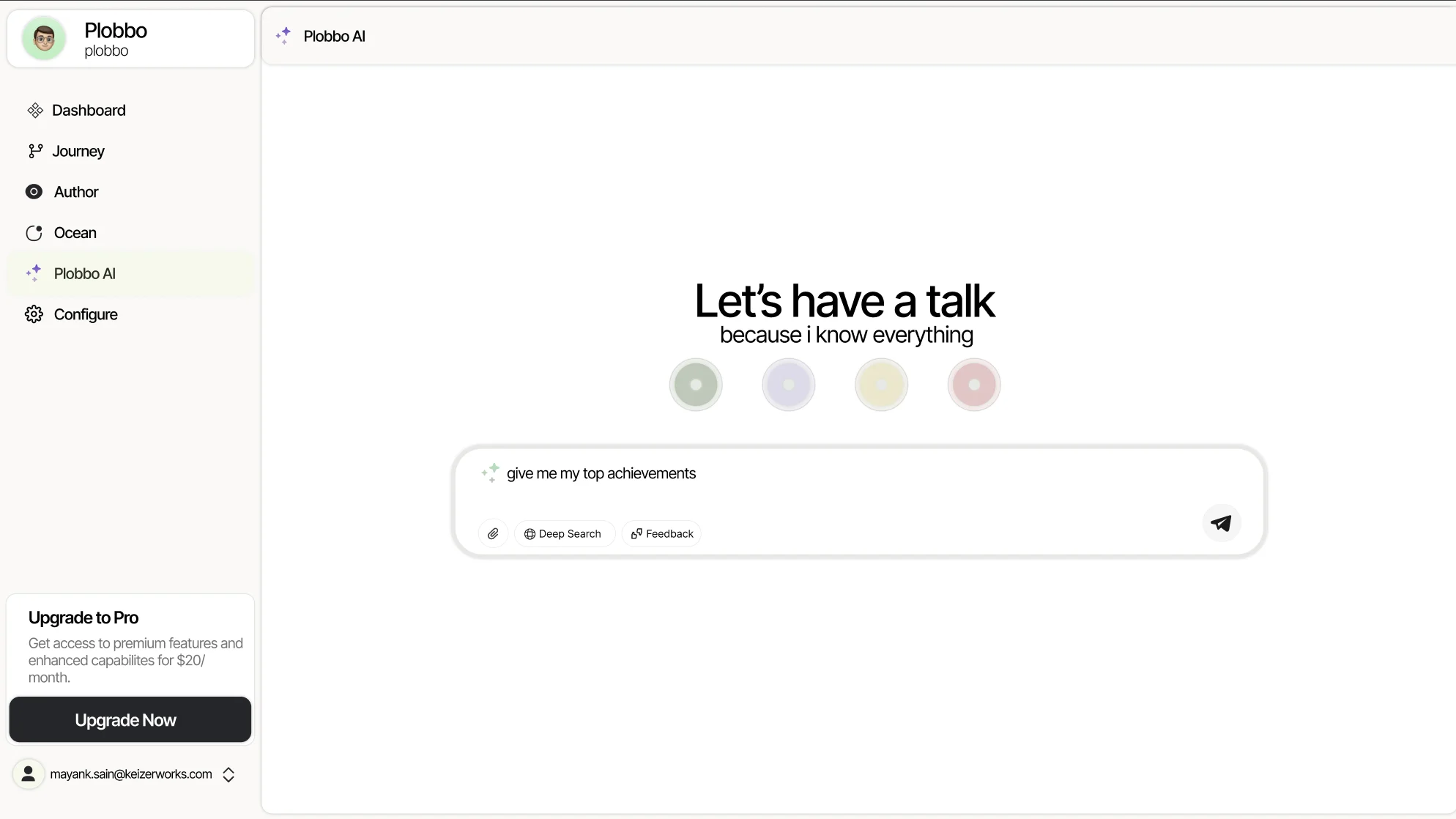 Plobbo AI start screen: Let's have a talk