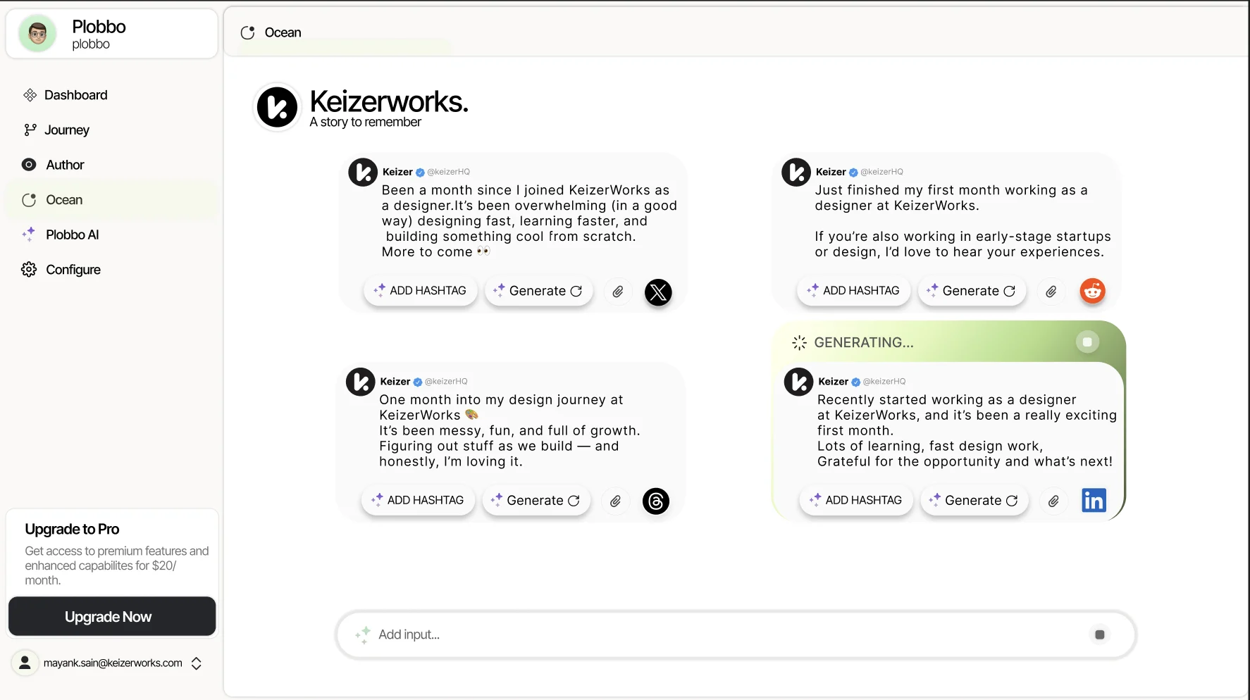 Plobbo Ocean drafting posts for X, Reddit, Threads, and LinkedIn from one update