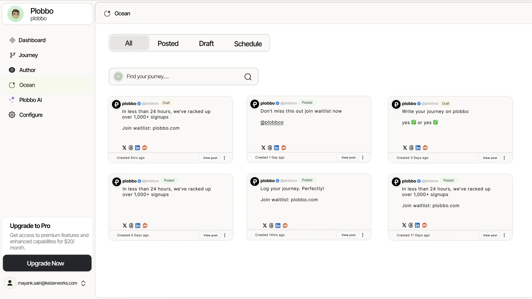 Plobbo Ocean list of posts filtered by All, Posted, Draft, and Schedule