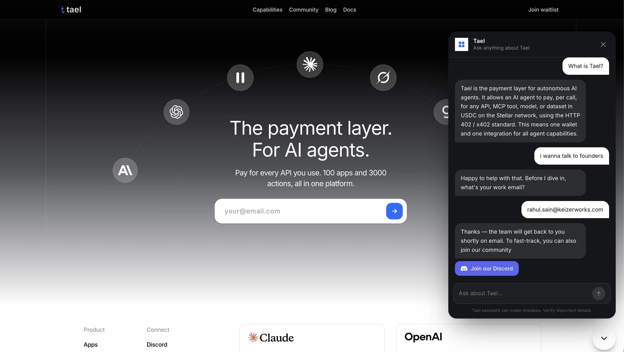taelprotocol.xyz: "The payment layer. For AI agents." with Tael's assistant explaining the product
